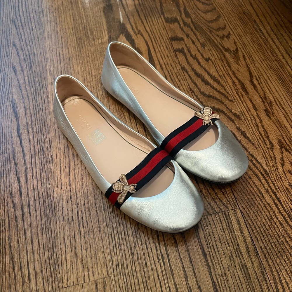 Gucci Silver Flats with Red and Black Accents